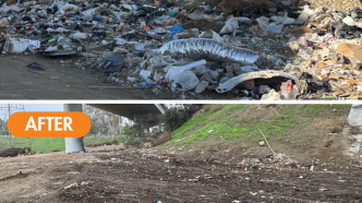 A state task force remove debris from an encampment in Long Beach.