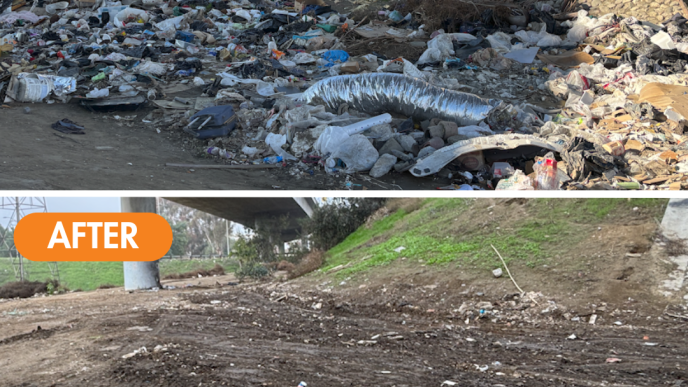A state task force remove debris from an encampment in Long Beach.