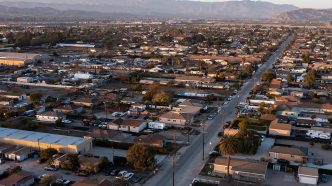 An aerial view shows a residential area in the Inland Empire.