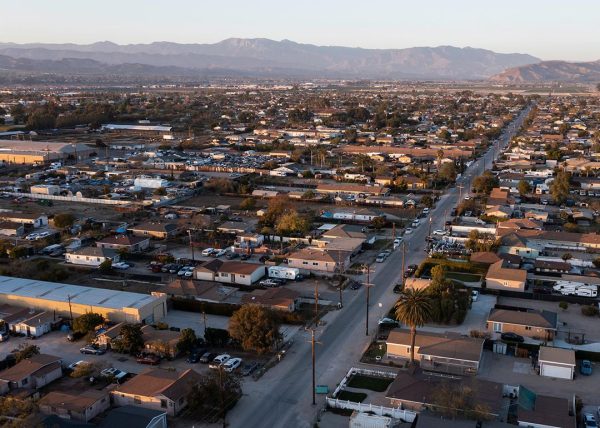 An aerial view shows a residential area in the Inland Empire.