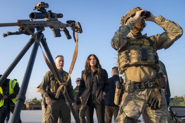 Homeland Security Secretary Kristi Noem visits with U.S. Immigration and Customs Enforcement officers at the ICE facility in Chicago on Oct. 3, 2025.