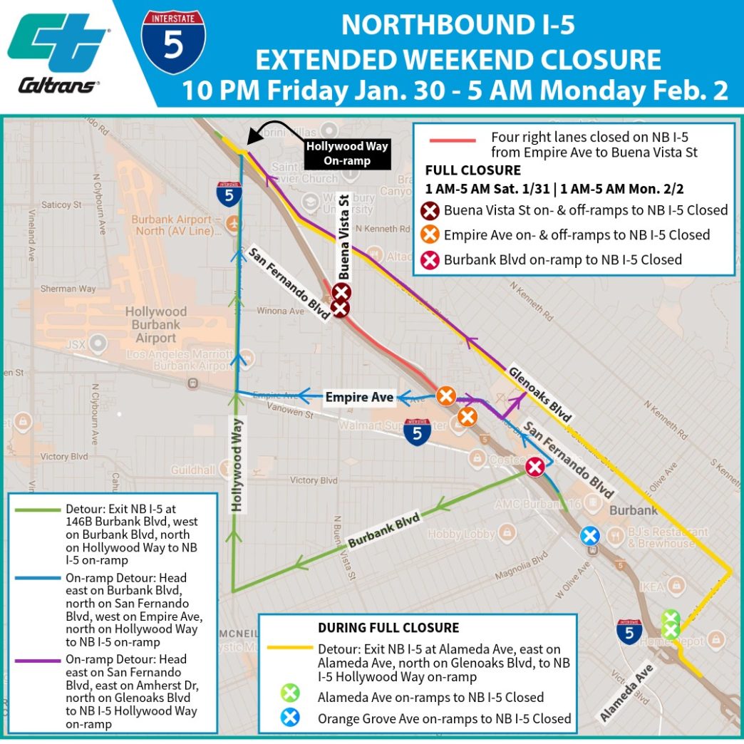 Extended closure for repairs on the 5 Freeway in Burbank.
