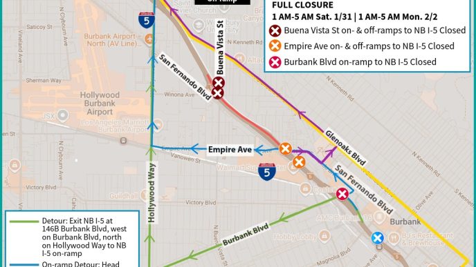 Extended closure for repairs on the 5 Freeway in Burbank.