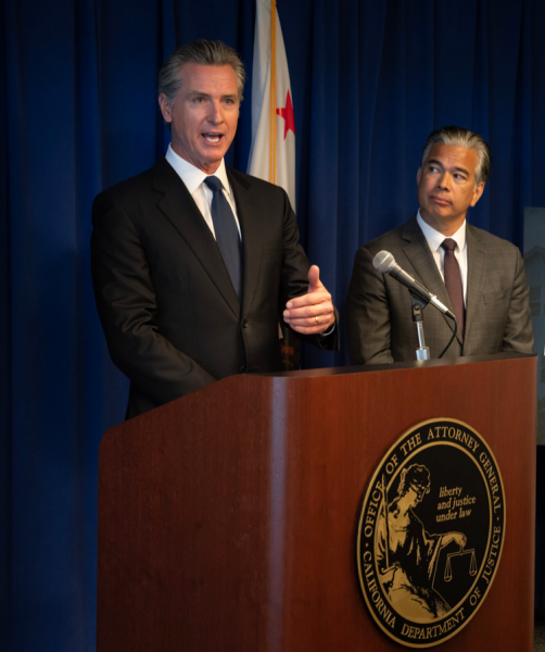 Gov. Gavin Newsom, at left, and California Attorney General Rob Bonta.