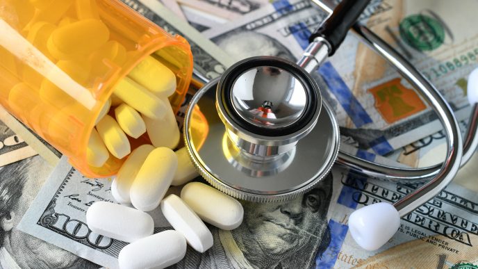 Money, cash, prescription drugs, stethoscope, health care.