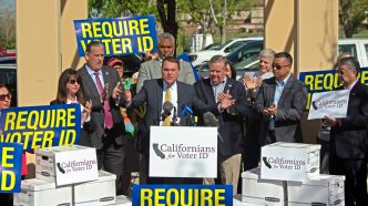 Assemblyman Carl DeMaio, R-San Diego, flanked by Rep. Ken Calvert, R-Corona, on his left, and on his right state Sen. Tony Strickland, R-Newport Beach, and Assemblywoman Leticia Castillo, R-Corona, deliver the first statewide batch of voter ID petition signatures in Riverside.