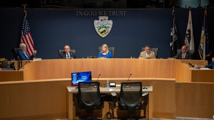 Members of the Board of Supervisors meet Tuesday, March 10 at the County Government Center in San Bernardino.