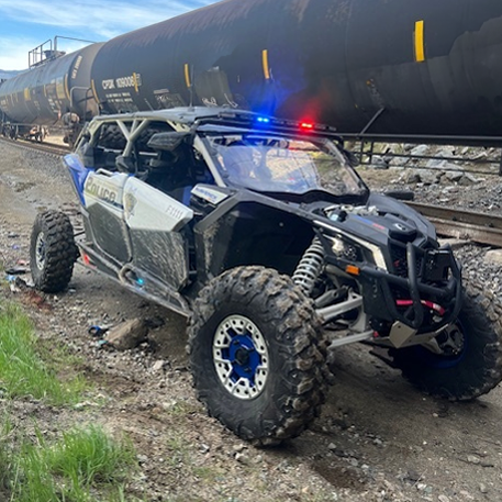 A police vehicle for enforcing off-road vehicle laws.