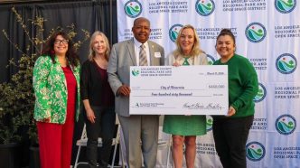 City and county officials ceremoniously announce grant funding to enhance Recreation Park in Monrovia.