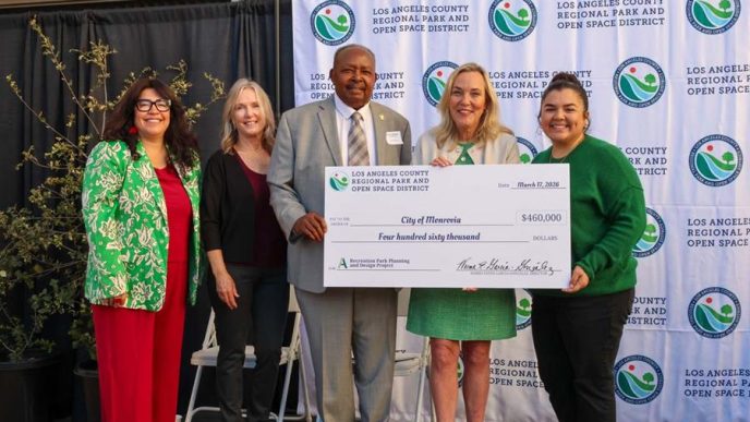 City and county officials ceremoniously announce grant funding to enhance Recreation Park in Monrovia.