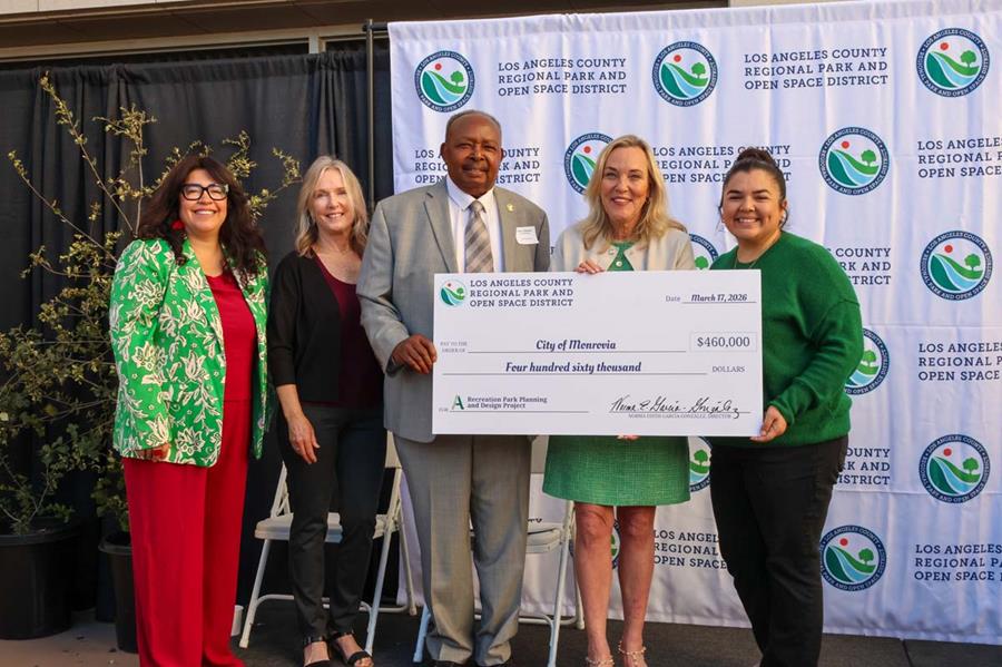 City and county officials ceremoniously announce grant funding to enhance Recreation Park in Monrovia.