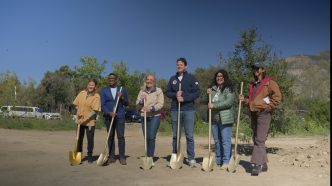 Ceremonial tree planting by, from left, Mia Lehrer, Studio-MLA president; Mark Stanley, executive director of the San Gabriel and Lower Los Angeles Rivers and Mountains Conservancy; LA County Supervisor Kathryn Barger; Assemblyman John Harabedian, D-Pasadena; Norma E. García-González, director of the LA County Department of Parks and Recreation; and Nina Raj from Eaton Canyon Nature Center Associates and the California Native Plant Society.