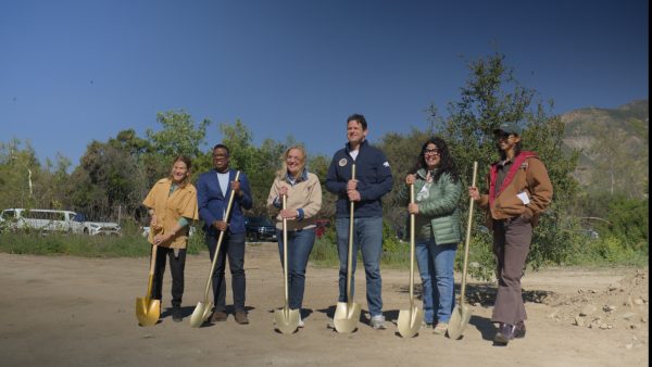 From left, ceremonial tree planting by Mia Lehrer, Studio-MLA President; Mark Stanley, executive director of the San Gabriel and Lower Los Angeles Rivers and Mountains Conservancy; LA County Supervisor Kathryn Barger; Assemblyman John Harabedian, D-Pasadena; Norma E. García-González, director of the LA County Department of Parks and Recreation; and Nina Raj from Eaton Canyon Nature Center Associates and the California Native Plant Society.