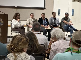 Seated from left, LA County Arboretum CEO Su Oh moderates the panel — Megan Horn, Studio MLA; Kim Bosell, LA County Parks; Marcus Goncalves, SWCA Environmental Consultants; and Tim Becker, Theodore Payne Foundation