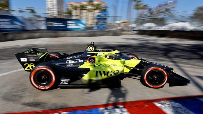 Will Power in the No. 26 car posts the best practice time in the 2026 Long Beach Grand Prix on Friday, April 17.