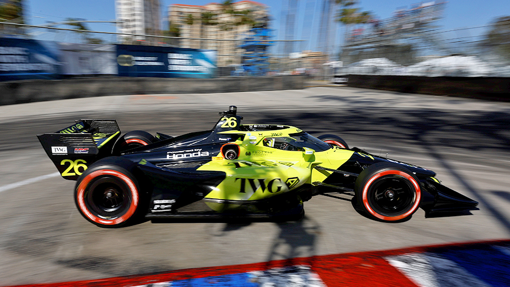 Will Power in the No. 26 car posts the best practice time in the 2026 Long Beach Grand Prix on Friday, April 17.
