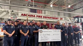 Rep. Judy Chu, D-Pasadena, and firefighters announce funding for a training center in Arcadia.