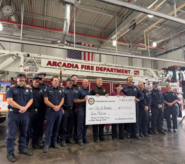 Rep. Judy Chu, D-Pasadena, and firefighters announce funding for a training center in Arcadia.