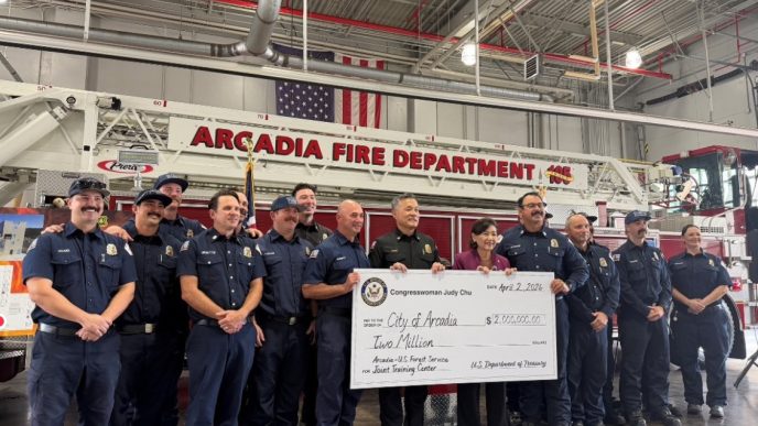 Rep. Judy Chu, D-Pasadena, and firefighters announce funding for a training center in Arcadia.