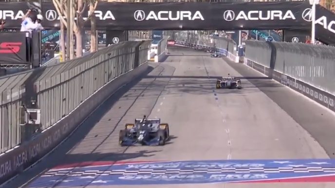 Alex Palou in the In the No. 10 OpenAI Honda approaches the finish line Sunday, April 19 at the Long Beach Grand Prix.