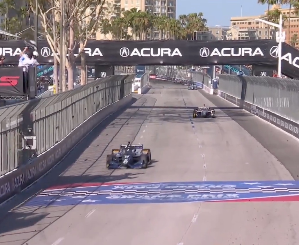 Alex Palou in the In the No. 10 OpenAI Honda approaches the finish line Sunday, April 19 at the Long Beach Grand Prix.