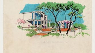 A 1965 exterior rendering by Paul R. Williams depicts the First African Methodist Episcopal Church of Los Angeles.