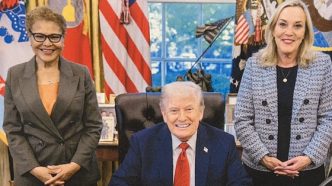 LA Mayor Karen Bass, at left, and county Supervisor Kathryn Barger meet with President Donald Trump on Wednesday, April 22 in the Oval Office to advocate for federal assistance with recovery from the Eaton and Palisades wildfires.