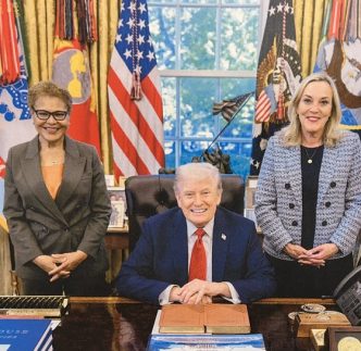 LA Mayor Karen Bass, at left, and county Supervisor Kathryn Barger meet with President Donald Trump on Wednesday, April 22 in the Oval Office to advocate for federal assistance with recovery from the Eaton and Palisades wildfires.