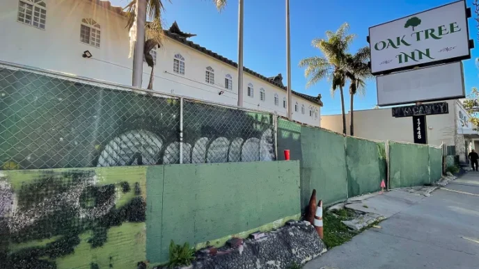 An unfinished motel conversion in the Encino neighborhood of Los Angeles on Jan. 27. The project is expected to finish more than a year after the original deadline, city records show.