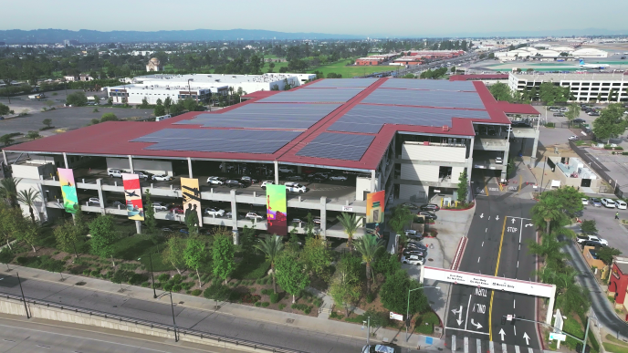 Solar panels on the roof of a parking structure near Hollywood Burbank Airport generate carbon-free electricity.