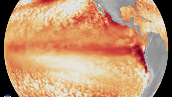 Satellite imagery shows the difference from average sea surface temperatures at the equator in the tropical Pacific Ocean — various shades of red and orange indicate level of warmth — during the first week of June 2026, as compared with the baseline used by NOAA’s Coral Reef Watch.