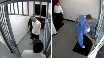 Eric Valencia is shown on surveillance video as he is taken into custody on March 20, at left, and as he leaves the police station three days later, at right.