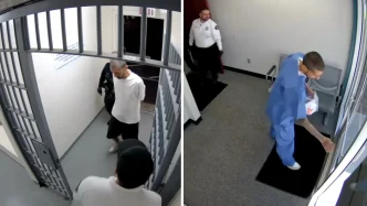 Eric Valencia is shown on surveillance video as he is taken into custody on March 20, at left, and as he leaves the police station three days later, at right.