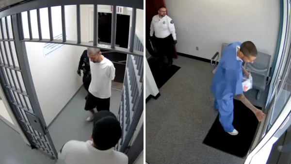 Eric Valencia is shown on surveillance video as he is taken into custody on March 20, at left, and as he leaves the police station three days later, at right.