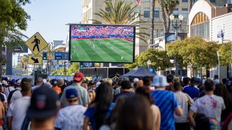 Crowds gather in downtown Long Beach to watch a global soccer match between the United States and Paraguay on June 12, 2026.