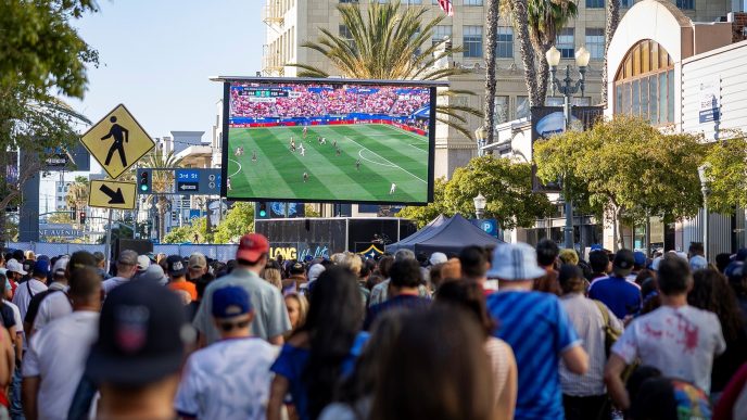 Crowds gather in downtown Long Beach to watch a global soccer match between the United States and Paraguay on June 12, 2026.