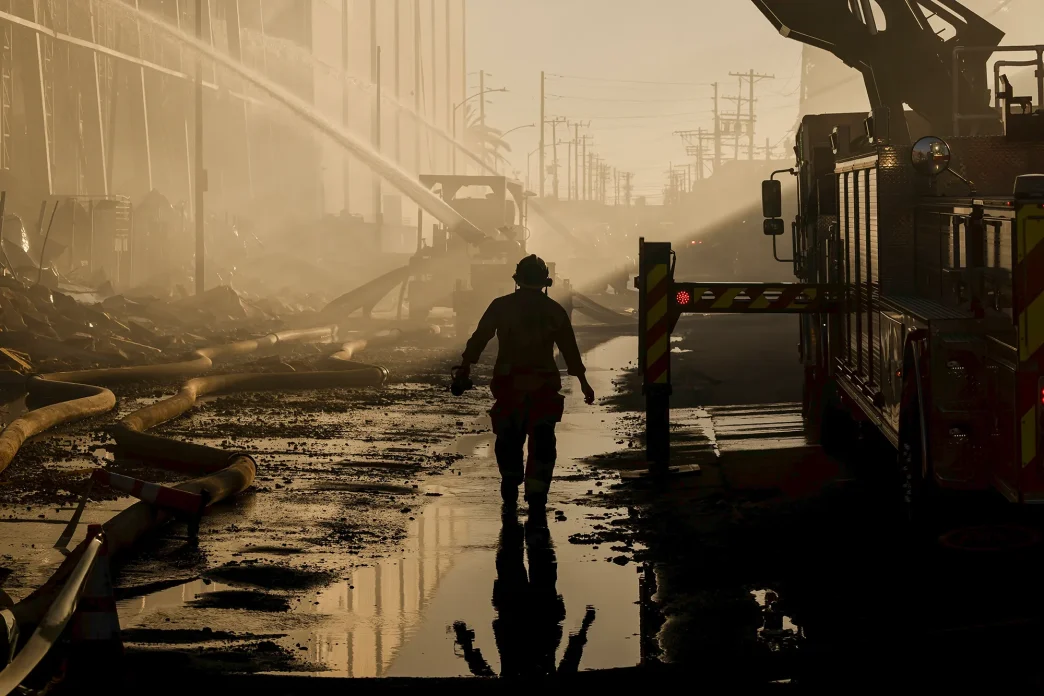 Firefighters battle a blaze at a cold storage facility in the Boyle Heights neighborhood of Los Angeles on June 22. Authorities declared a state of emergency as the fire intensified, prompting evacuations in the surrounding area. The fire started on June 17.