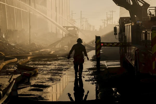 Firefighters battle a blaze at a cold storage facility in the Boyle Heights neighborhood of Los Angeles on June 22. Authorities declared a state of emergency as the fire intensified, prompting evacuations in the surrounding area. The fire started on June 17.