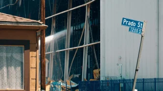 The Lineage Logistics fire burns in Boyle Heights in June 2026.