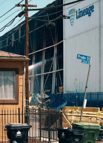 The Lineage Logistics fire burns in Boyle Heights in June 2026.