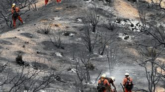 Firefighters traverse a smoldering hill near Llano.