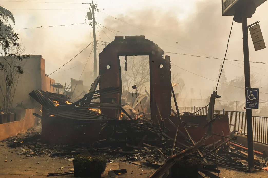 The remaining structure of a building burned from the Eaton Fire in Altadena. Jan. 8, 2025.