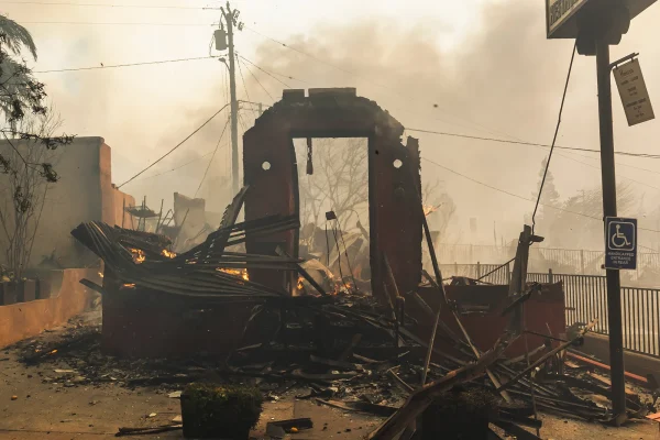 The remaining structure of a building burned from the Eaton Fire in Altadena. Jan. 8, 2025.