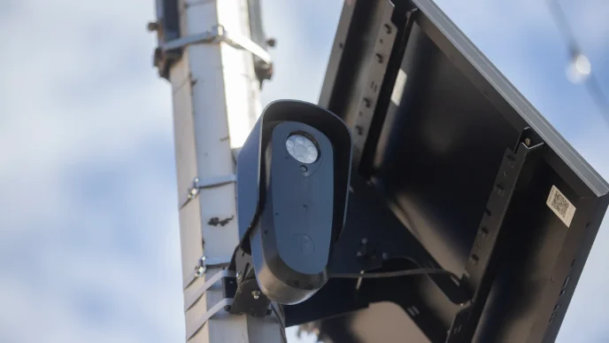 A Flock Safety automatic license plate reader camera is attached to a pole along Olive Avenue in Fresno on Feb. 19, 2026.