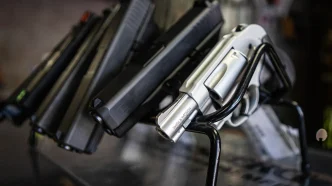 Handguns on display at a gun shop in California on July 12, 2022.