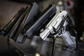 Handguns on display at a gun shop in California on July 12, 2022.