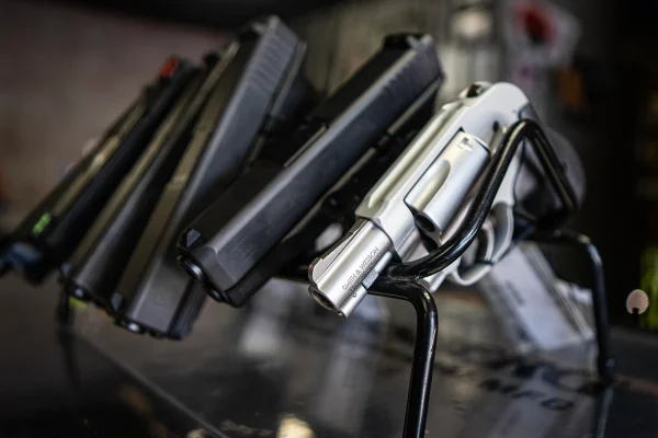 Handguns on display at a gun shop in California on July 12, 2022.