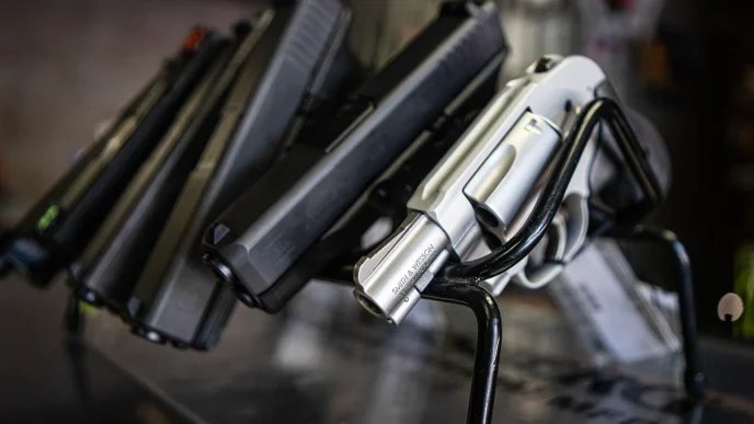 Handguns on display at a gun shop in California on July 12, 2022.