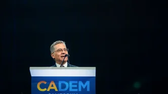 Gubernatorial candidate Xavier Becerra speaks at the California Democratic convention in San Francisco on Feb. 21, 2026.