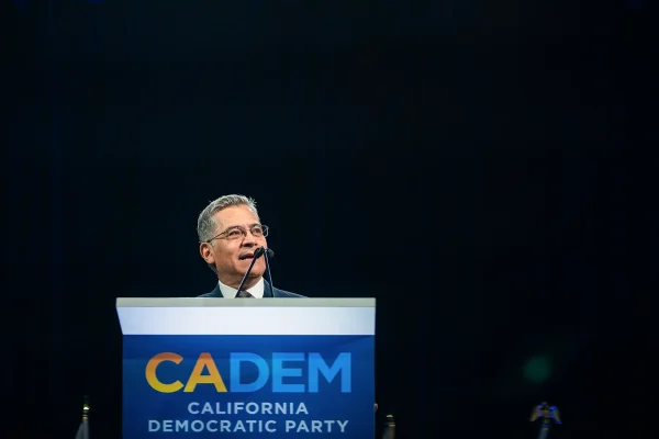 Gubernatorial candidate Xavier Becerra speaks at the California Democratic convention in San Francisco on Feb. 21, 2026.